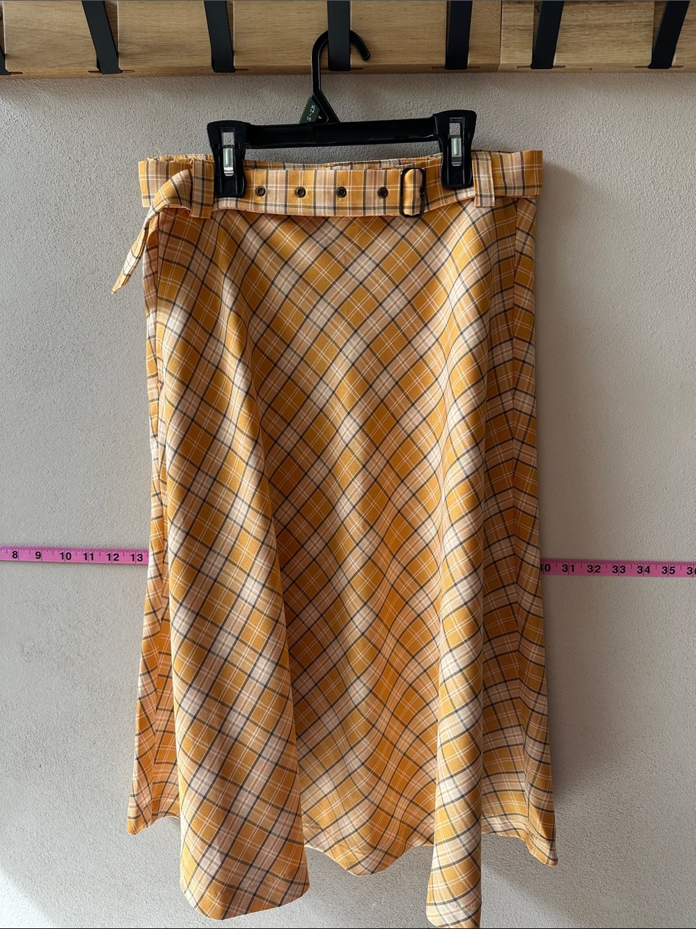 High-Waist Yellow Plaid A-Line Skirt with Belt